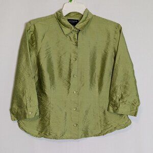 ANN TAYLOR Lime Green 100% Silk Short Slim Fit Button Blouse Top; Size 12P